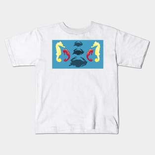 Seahorses and Crabs design on blue background Kids T-Shirt